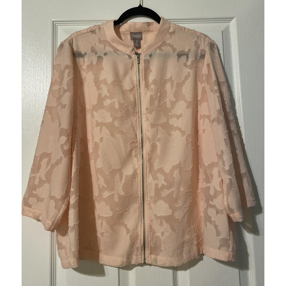 Chico's Jacket Womens 3 Pink Lace Floral Zip Front Sheer Unlined 3/4 Sleeve